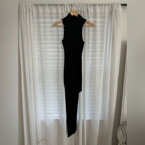 Black Midi Dress High Neck Side Slit XS